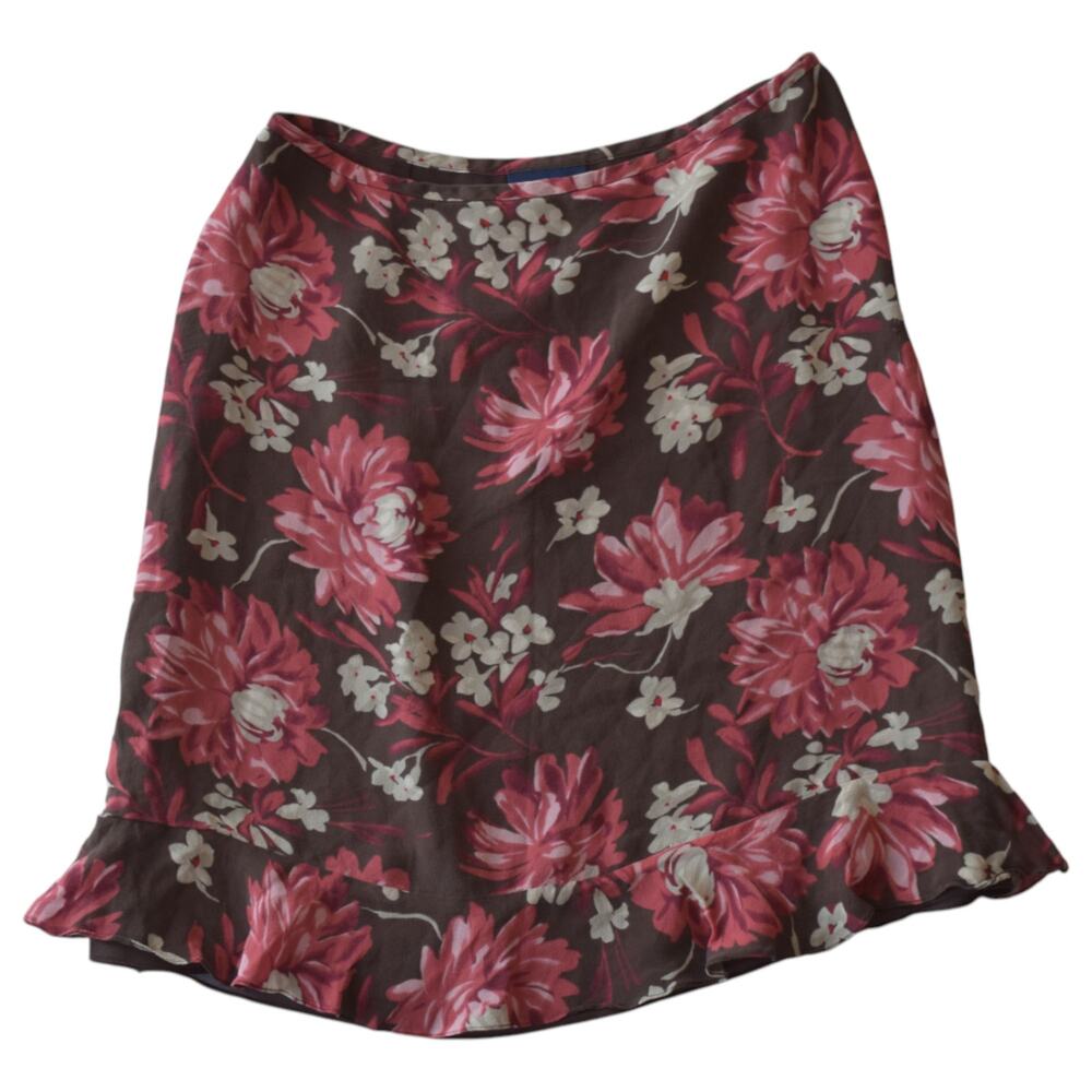 Y2K Ann Taylor Brown Floral Silk Skirt Size 8 Petite